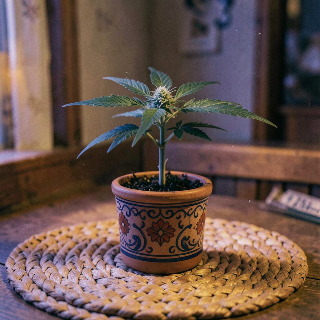OG Kush rooted baby clone in a decorative ceramic pot