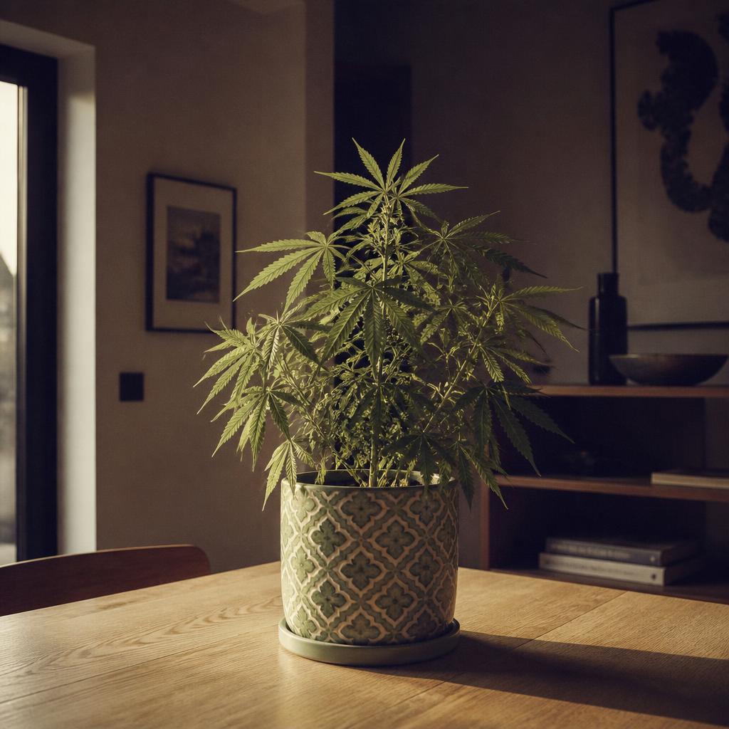 Harlequin plant potted in a decorative ceramic pot