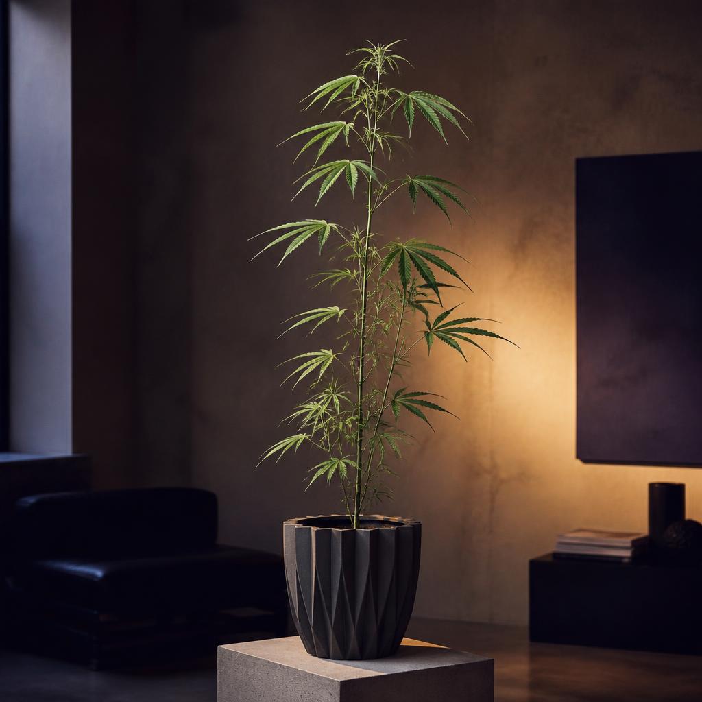 Sour Diesel plant potted in a decorative ceramic pot