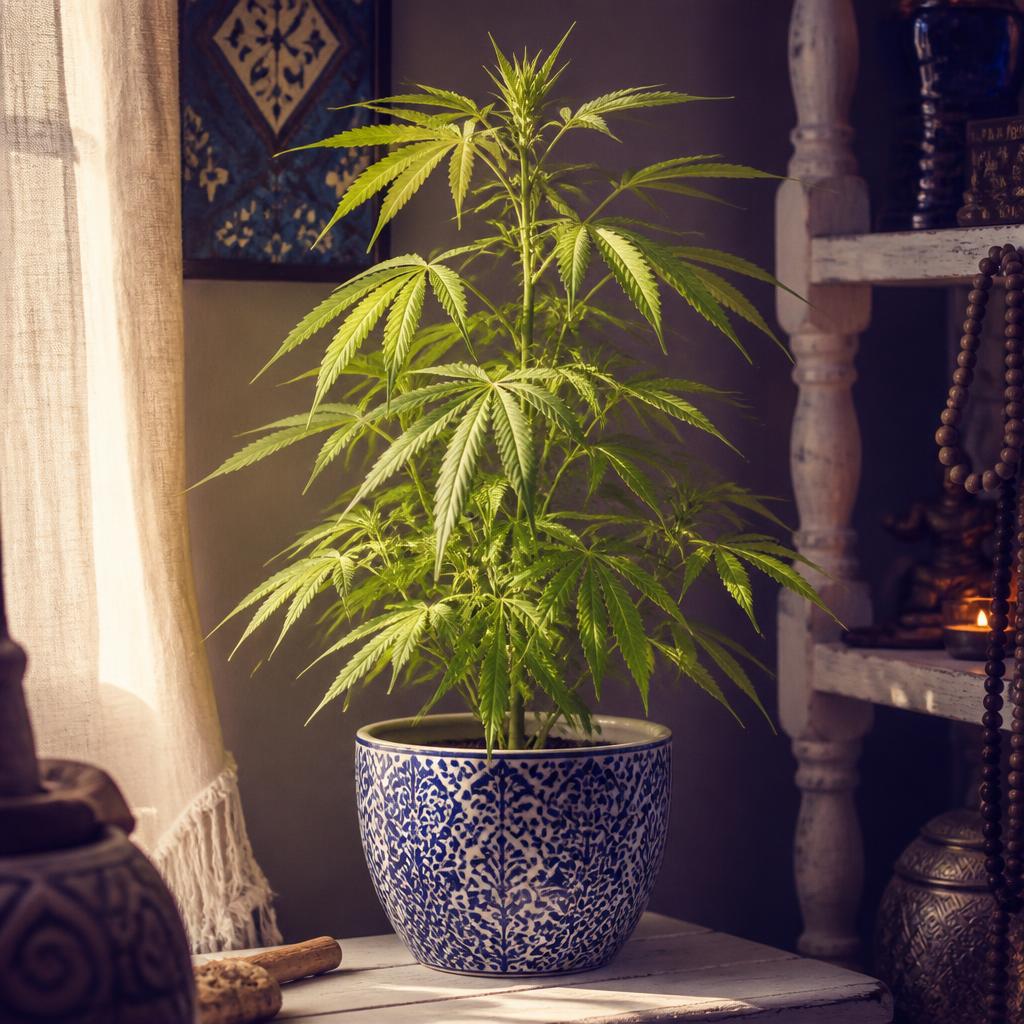 Jack Herer plant potted in a decorative ceramic pot